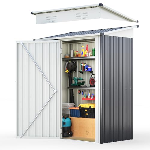 Quictent 5x3 FT Outdoor Storage Shed, Metal Garden Tool Shed with 2-Way Sloping Roof & 28" Wide Lockable Door, Waterproof Galvanized Steel for Backyard Garden Patio Lawn, Dark Gray Dark Gray