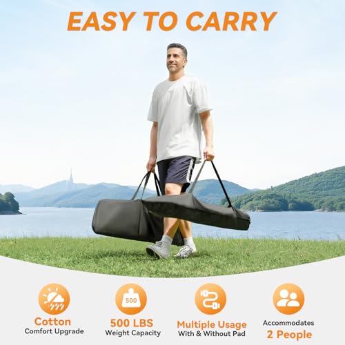 Image of Everyfun 2 Person Outdoor Hammock with Stand, Cotton Rope Hammock with Polyester Pad, Adjustable Steel Frame, Portable with Carrying Bag - for Patio, Backyard, Garden, Beach, Blue Stripe