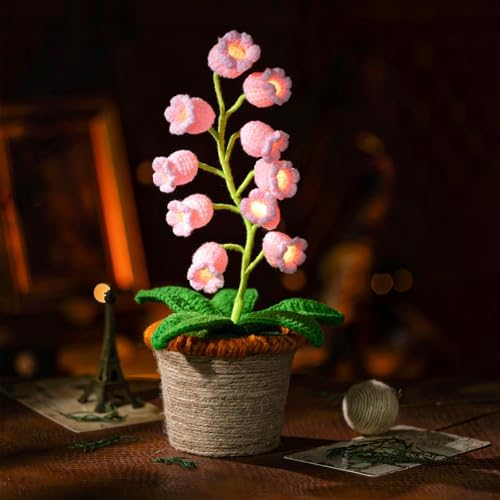 Handmade Crochet Lily of the Valley Night Light with Rattan Planter - Cordless Table Lamp