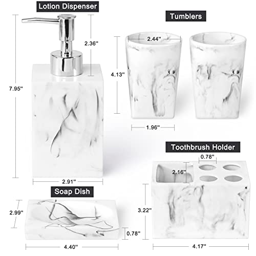 Haturi Bathroom Accessories Set, 5 Pcs Marble Look Sets Soap Dispenser & Toothbrush Holder Counter Top Restroom Apartment Decor Stuff, Resin Kits, Gift For Women And Men, Ink White #TOP2