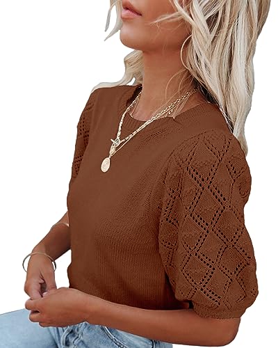 Image of Womens Short Sleeve Sweaters Crewneck Knit Pullover Tops 2025 Summer Casual Lightweight Crochet Blouse Shirt