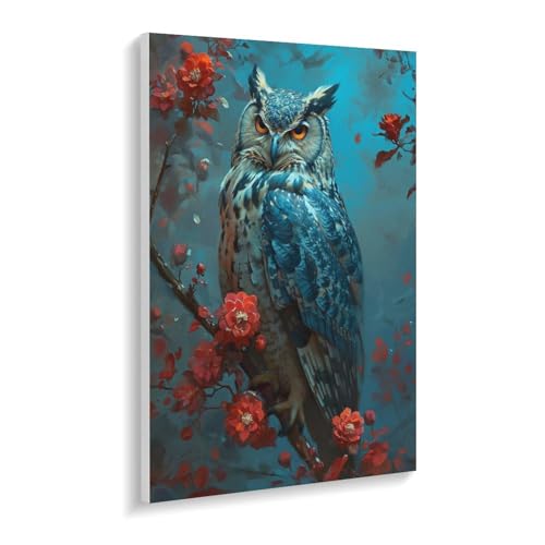 数字油絵 ラッセン 花の枝にとまる青いフクロウ デジタル油絵 数字キットによる絵画 DIY絵 手塗り 超リアルな動物イラスト 数字キット塗り絵 壁飾り ホーム オフィス装飾 数字塗り絵 手工芸 初心者 大人 子供 贈り物 45×60cm