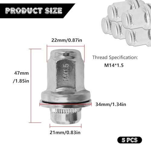 Image of M14-1.50 Lug Nuts 5PCS Compatible with Toyota Tundra 2007-2021 | Replacement for 90942-01103 / 90942-A1001 - Rust Resistant Chrome Finish, Lug Nuts for Front and Rear Wheels