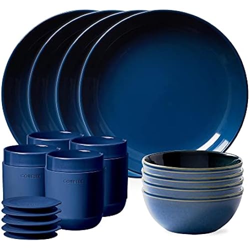 Corelle Stoneware Dinnerware Set, Handmade Reactive & Solid Glazed Ceramic Plates and Bowls, Modern Rustic Style Round Dishes, Service for 4, Navy 16 PIECE SET