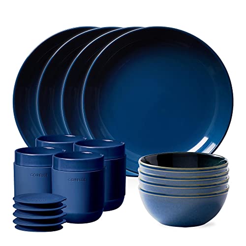 Corelle Stoneware Dinnerware Set, Handmade Reactive & Solid Glazed Ceramic Plates and Bowls, Modern Rustic Style Round Dishes, Service for 4, Navy 16 PIECE SET by Corelle - Used condition - US$43.64
