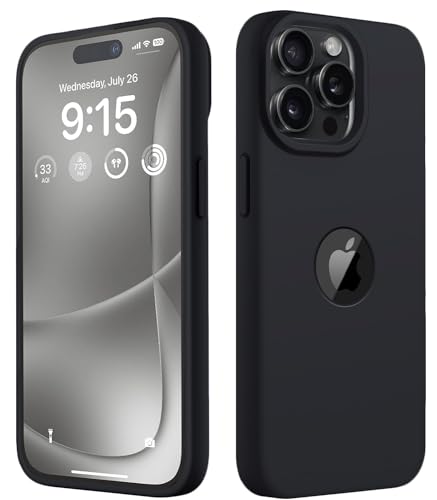 Image of VONZEE Microfiber Logo Cut Cover Compatible with iPhone 15 Pro Case, Liquid Silicone Non-Slip Full Body Protective Cover, Shockproof Back Case with High Raised Camera Lips, Slim Durable Case, Black