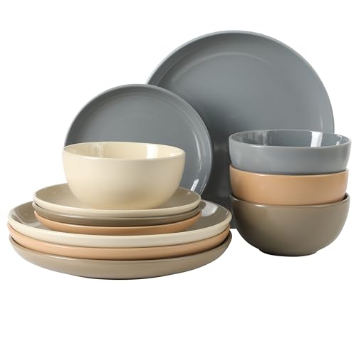 Gibson Home Rockaway 12 Piece Plates and Bowls Matte Outside/Shiny Inside Glaze Service for 4 Dinnerware Set - Assorted Color (Cream, Blue, Beige, Brown) - Dishwasher and Microwave Safe