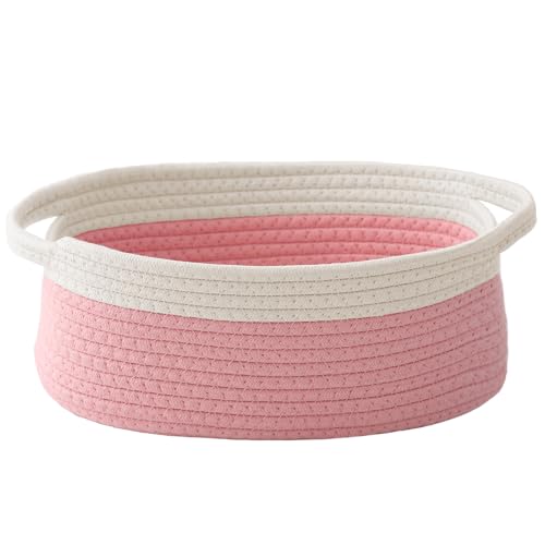Image of JMvicyroam Small Woven Basket, Empty Gift Basket, White&Pink /1 Pack | Small Gift Basket, Cotton Rope, 12 x 8 x 69 in, Handles, Includes Ribbon and Bag, Birthday Gift Basket