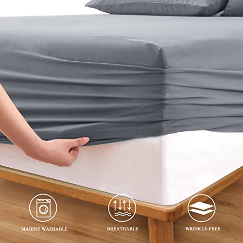 Horbaunal Extra Deep Pocket Queen Fitted Sheet Only - Fits Up To 24 Inch Mattress - Luxury 1800 Thread Count - Microfiber Silver Grey Fitted Bed Sheet Queen Size #TOP3