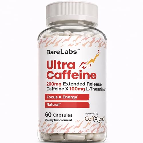 BareLabs Extended Release Caffeine Pills + L-Theanine + 200mg for Energy & Focus + No Jitters, No Crash + Natural Caffeine Supplement - 60 Capsules