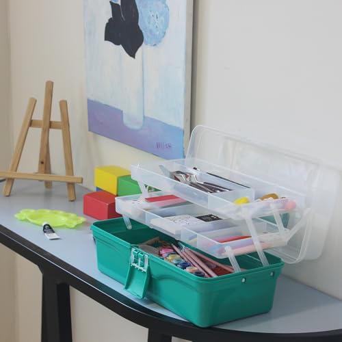 Image of 13.40 Inch 2-Tier Trays Clear Green Plastic Storage Container Organizer Box, Multipurpose Portable Carrying Case with Latch Lock and Handle for Art, Craft, Sewing Supplies, First Aid, Makeup