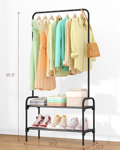 Sakugi Clothes Rack - Clothing Rack with 2-Tier Shoe Rack and Anti-Slip Stopper, Shoe Organizer for Entryway, Bedroom, or Laundry, Black, 29\" × 12.2\" × 59.3\"