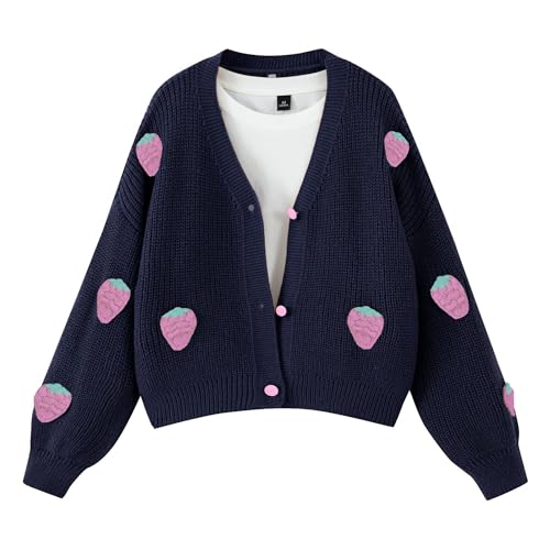 Image of FindThy Women's Kawaii Strawberry Embroidered Cardigan Long Sleeve V Neck Chunky Knitted Cardigans Tops