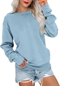 VIGVAN Damen Sweatshirt Pullover Elegant Basic Langarmshirt Rundhals Baumwolle Pulli Herbst Winter Casual Oberteile Langarm Tops (Hellblau-1, L)
