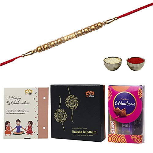 Gifticon Rakhi Gift Pack for Brother with Chocolate| Set of 1 Rakhi 1 Celebrations (50) 1 Rakhi Greetings Card and Roli Chawal