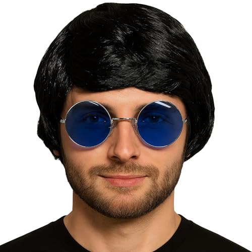 Mens Black Boyband Wig with Fringe Fancy Dress Accessories - Black Mens Wig Hair Accessory for Retro Britpop 60s 70s and 80s Fancy Dress Adult - Synthetic Short Hair used as Male Halloween Accessories