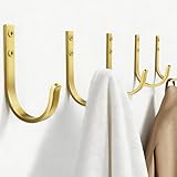 Josmimic Wall Hooks for Hanging Towel/Coat - 22LB Screw in Metal Hanger Wall Mount, for Outdoor, Closet, Door, Bathrooms, for Backpack, Robe, Brushed Gold 5 Pack