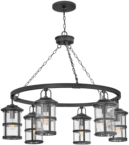 Hinkley Lakehouse Six Light Outdoor Medium Hanging Lantern, Black w/Clear Seedy Glass