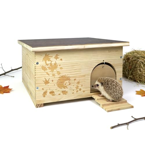 Mervino Igelhaus Holz mit Rattenklappe und Boden - Robustes Igelhotel Winterfest, mit Leiter & wasserdichtem Dach als Gartenunterschlupf für Winterschlaf und Sommeraufenthalt (44x34x24 cm)