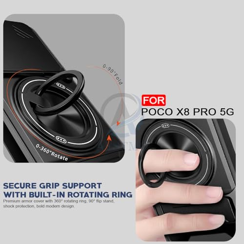 Image of AESTMO Mi Redmi Turbo 5 / Poco X8 Pro 5G Back Cover | Armor Camera Slider 360 Degree Rotating Finger Ring Holder Case with Bracket Stand Back Case Cover (Compatible with MagSafe Accessories) (Black)
