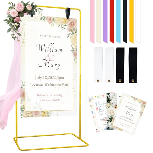 Image of FOTSHARER Wedding Sign Holder Gold Metal Welcome Sign Stand 170x80x40cm Adjustable Welcome to Our Wedding Signs Stand with 4 Leather Straps Easel Stands for Party Graduation Bridal Shower Poster