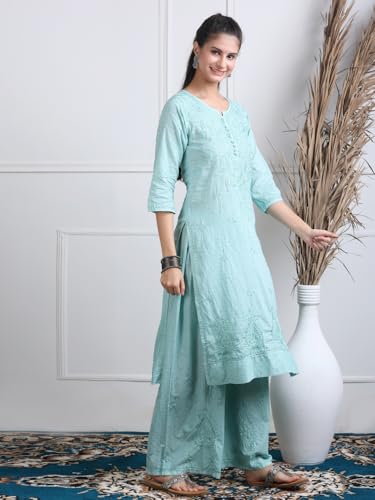 Image of Women's Lucknowi Chikankari Handwork Cotton Kurti, Palazzo and Dupatta Set