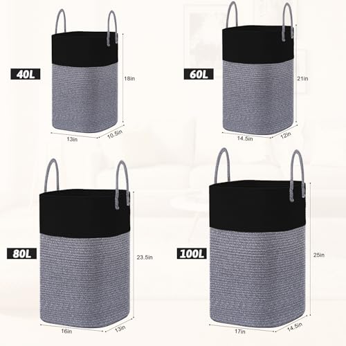 Image of Laundry Basket,Woven Cotton Rope Laundry Hamper,Versatile Storage for Dirty Clothes,Baby Toys,and Blankets in Bathroom, Nursery,and Living Room (Black, 60L)