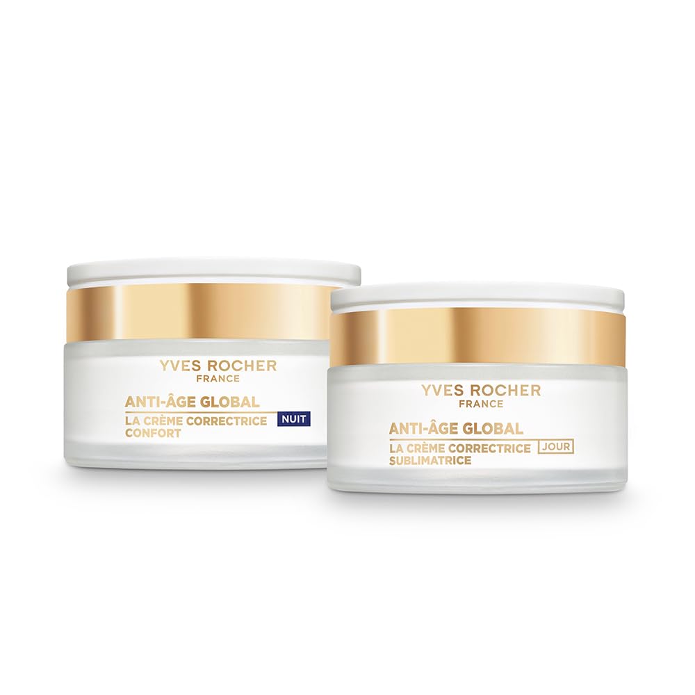 Yves Rocher ANTI-AGE GLOBAL Set für intensive Regeneration: Verschönernde Tagespflege (50 ml) & Komfort-Nachtpflege (50 ml) mit Gold-Achillea – Regeneriert, Strafft & Bekämpft Zeichen der Hautalterung