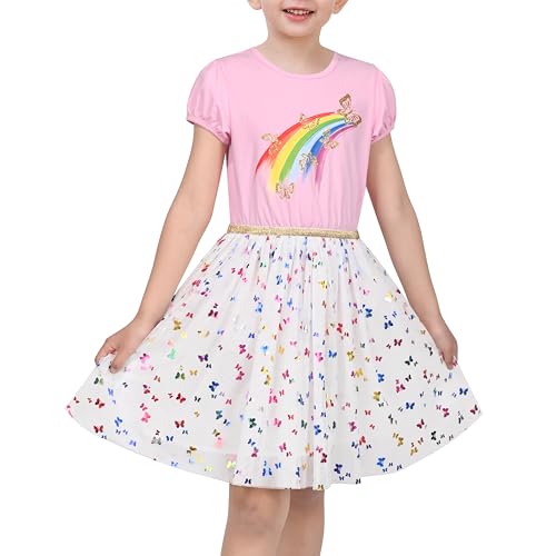 Sunny Fashion Girls Dress Pink Rainbow Butterfly Glitter Tulle Puff Short Sleeve Size 7 Years