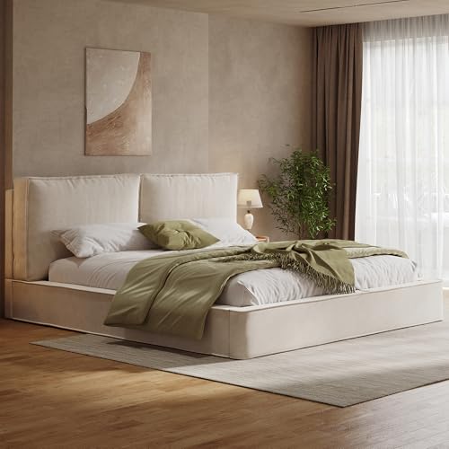 Merax Polsterbett Doppelbett 180x200 cm, mit Lattenrost & gepolstertem Kopfteil, Chenille-Stoff, 13 cm Dickes Kopfteil (105 cm hoch), eingebaute Struktur, Beige (Ohne Matratze)