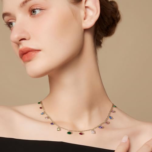 Gold Charm Pendent Choker Necklace for Woman, Boho Dainty Gemstone CZ Rhinestone Dangle Chain Necklaces Prom Fashion Jewelry Wedding Gift2