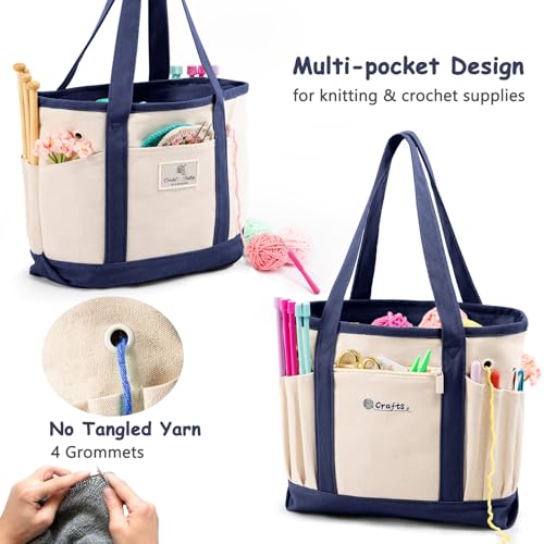Image of MYBAGZING Canvas Yarn Storage Organizer Bag Washable Crochet Bag with Pockets for Yarn, Hooks, Needles - Travel Knitting Tote for Crafters - Gift for Crocheters & Knitters (Medium /Large)