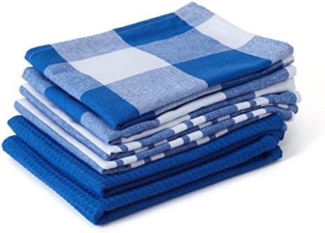 Encasa Tea Towels - Kitchen Dish towels X-Large 70 x 45 cm (5pc Set Waffle, Stripe, Check) Eco-Friendly Cotton, Highly Absorbent Teatowel for Quick Cleaning & Drying Plates & Glasses - Red