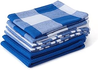 Encasa Tea Towels - Kitchen Dish towels X-Large 70 x 45 cm (5pc Set Waffle, Stripe, Check) Eco-Friendly Cotton, Highly Absorbent Teatowel for Quick Cleaning & Drying Plates & Glasses - Red