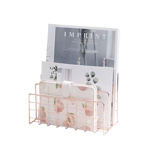 PENGKE Desktop Mail Organizer,3 Slot Rose Modern Magazine Rack Book Record Holder,Metal Storage Multifunction Organizer Sorter,Gold