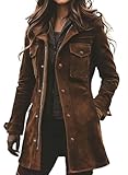 Ru Sweet Womens Vintage Faux Suede Leather Jacket Fall Winter Western Jacket Midi Long Shacket (Brown,X-Large)