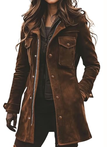 Ru Sweet Womens Vintage Faux Suede Leather Jacket Fall Winter Western Jacket Midi Long Shacket (Brown,X-Large)