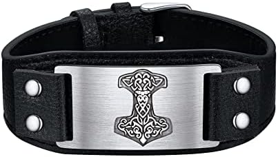 Bestyle Vintage Black Leather Bracelets for Men Women, Nordic Viking Totem Thor's Hammer/Celtic Knot/Wolf/Compass/Tree of Life Charm Bracelets -Gift Packed