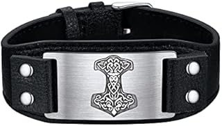 Bestyle Vintage Black Leather Bracelets for Men Women, Nordic Viking Totem Thor's Hammer/Celtic Knot/Wolf/Compass/Tree of Life Charm Bracelets -Gift Packed