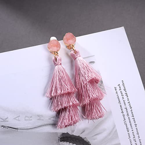 Cassieca Tassel Statement Earrings For Women Clip On Drop Earrings Colorful Bohemian Tiered Tassel Druzy Dangle Drop Earrings Non Piercing Jewelry Birthday Christmas Valentines Day Gift #TOP6