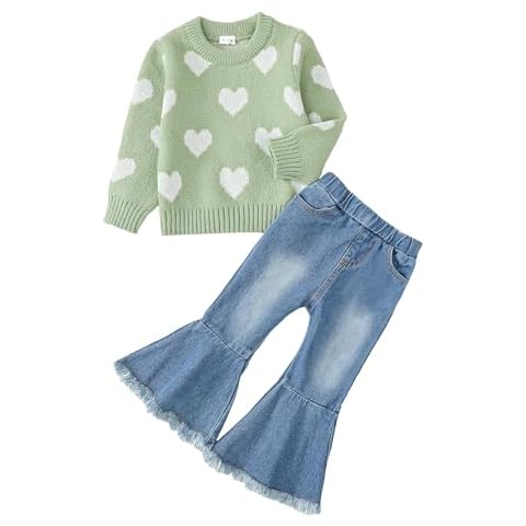 Mioglrie 3T-4T Girl Clotehs Toddler Denims Outfits Heat Baby Crewneck Jumper Set Flare Jeans Pants Set Baby Girl Stuff Cute Toddler Girl Fall Winter Clothing Little Girl Baby Clothes Cover