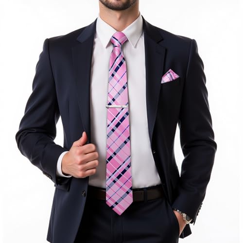 Image of DiBanGu Mens Silk Plaid Tie and Pocket Square Set | Elegant Silk Formal Tie Set, Woven Check Necktie and Cufflinks Tie Clip Set, Perfect for Wedding Party, Comes in Gift Box