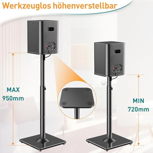 ELIVED Universal Lautsprecherständer höhenverstellbar bis 95cm, Boxenständer mit Glassockel & interner Kabelkanal für Regallautsprecher, 10kg Tragkraf, Schwarz, 1 Paar