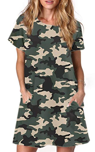 ANCAPELION Vestido de manga corta para mujer, para el tiempo libre, línea A, minivestido, vestido de verano, túnica, cuello redondo, camiseta larga, A camuflaje., S