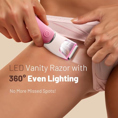 Image of Rechargeable Bikini Trimmer for Women: Pubic Hair Razor with Mirror & LED Light - IPX7 Waterproof Electric Shaver, Travel Lock & Ceramic Blades for Legs Underarm - Light Rose
