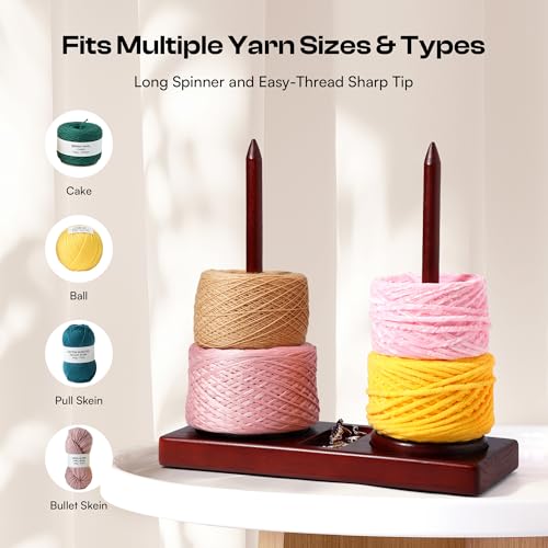 Image of Caydo Yarn Holder for Crocheting and Knitting, Wooden Yarn Spinner Stand with 2 Spindles, Upgraded Rotating Crochet Holder with Anti-Slip Pads, Crochet Accessories Birthday Gift for Knitting Lovers
