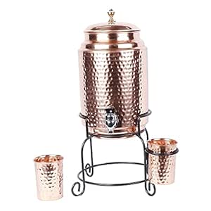 Handicraft-World Indiase Handgemaakte Hand Gehamerd Puur Koper Water Dispenser Pot 4 Liter Ayurveda Healing Water Opslag Tank Koper Fles Mok Kruik Met 2 Gehamerde Glazen (7 Liter