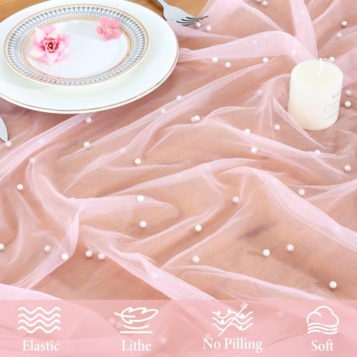 LOMOHOO Tischläufer Rosa 75x300cm Tischläufers Hochzeit with Perlen mit Tüll, Käsetuch Tischdecke Spitze Perlen Tüll Stoff Tischband für Hochzeit Brautparty Geburtstage Party Küche Tisch Dekoration