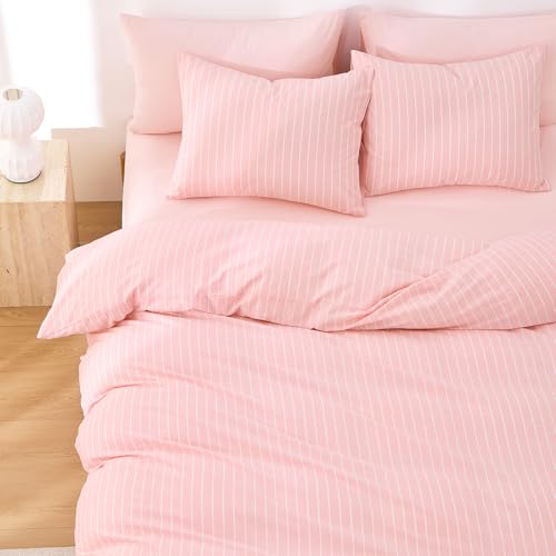 Image of Wake In Cloud - Striped Cotton Duvet Cover Set, Ticking Stripe Vertical Pinstripe Farmhouse, 100% Washed Cotton Textured Bedding Set, 3 Pieces, Pink, Full Size