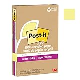 Post-it 100% Recycled Paper Super Sticky Notes, 2X The Sticking Power, 4x6 in, Lined, 4 Pads/Pack, 45 Sheets/Pad, Canary Yellow(4621R-4SSCY)